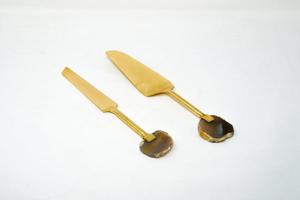 Golden Agate Stone Cake Server And Cutter.